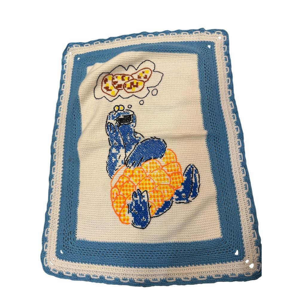 ✨ Vintage Sesame Street Cookie Monster Inspired Crochet Baby Blanket Blue Afghan